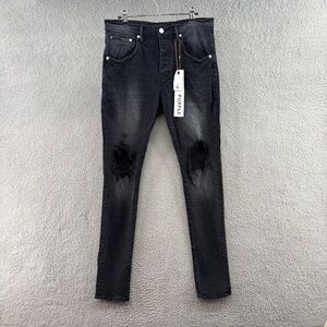 PURPLE BRAND P002 Dropped Fit Mid Rise Slim Leg Jeans Black Destroyed Size 32